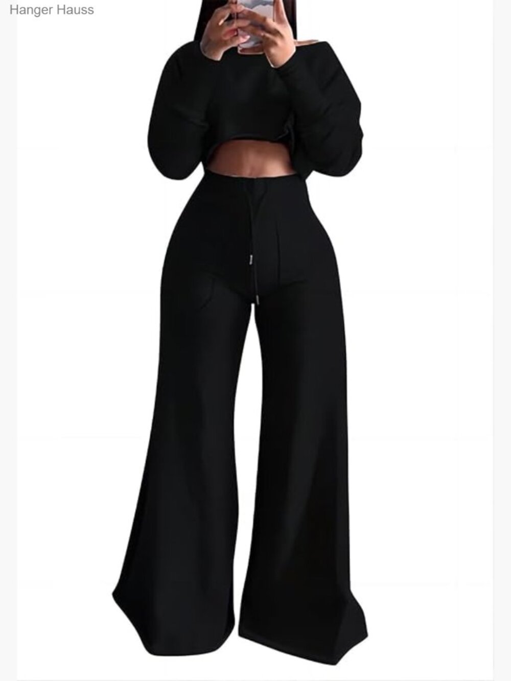 Summer Sweatsuit 2 Piece Outfit Long Sleeve Crop Top Wide Leg Pants Set Flowy